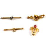 A 9ct Art Nouveau tourmaline and seed pearl pendant, 9ct gold bar brooch set with a garnet, 9ct gold