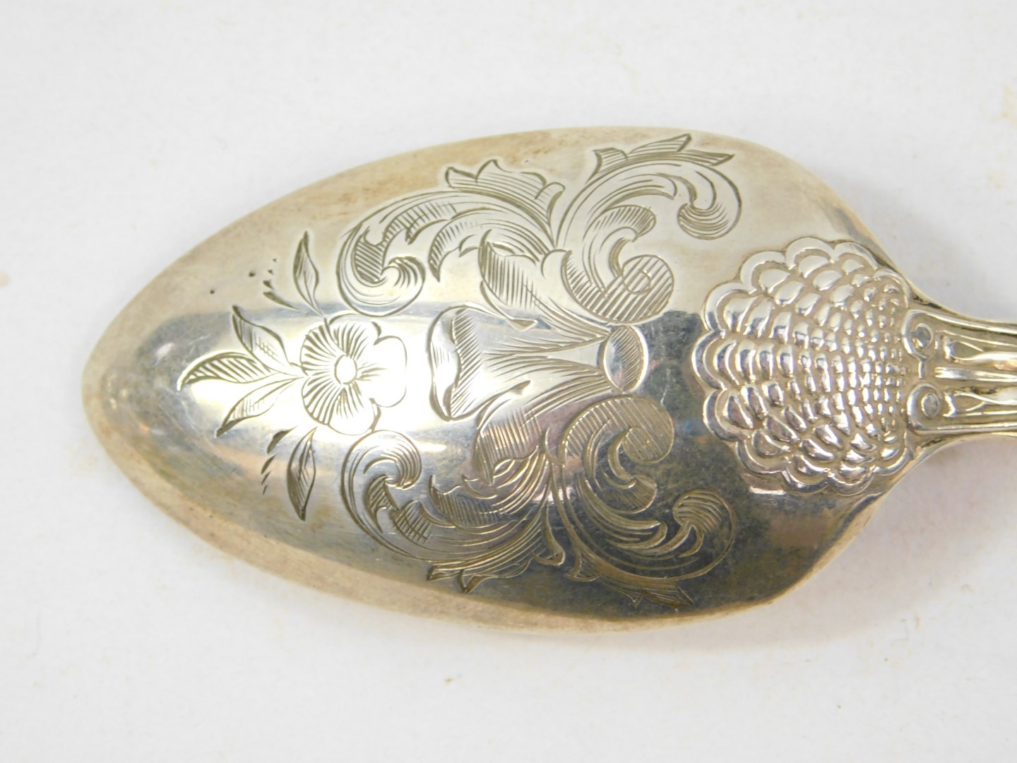 A Victorian silver Kings pattern dessert spoon, monogram engraved, the reverse of the bowl with - Image 2 of 3