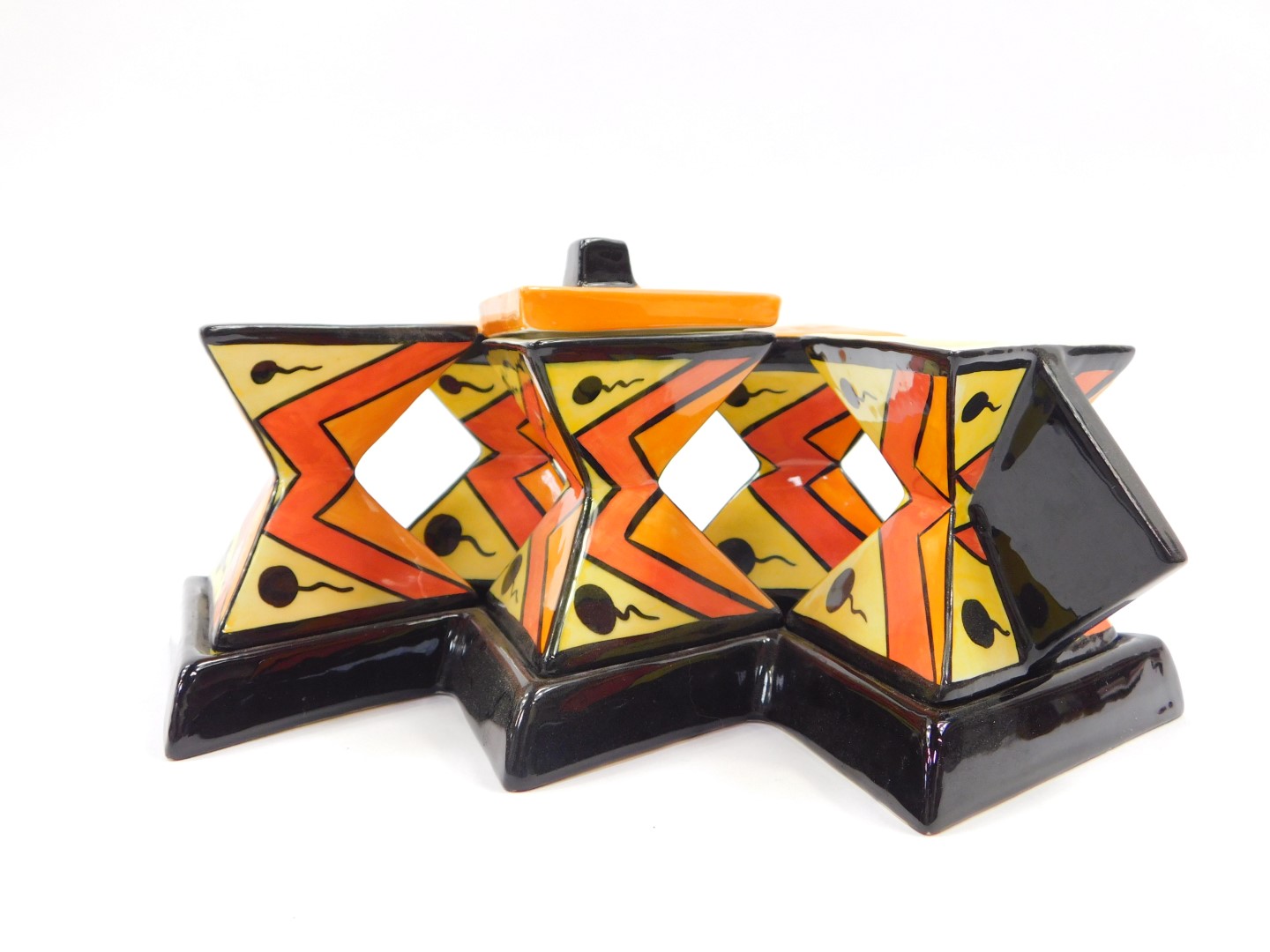 A Lorna Bailey pottery five piece condiment set, of waisted triangular form, on a five point base, - Image 2 of 4