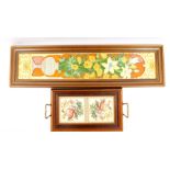 A set of five pottery tiles, tube line decorated with flowers in a vase, within a niche, framed,