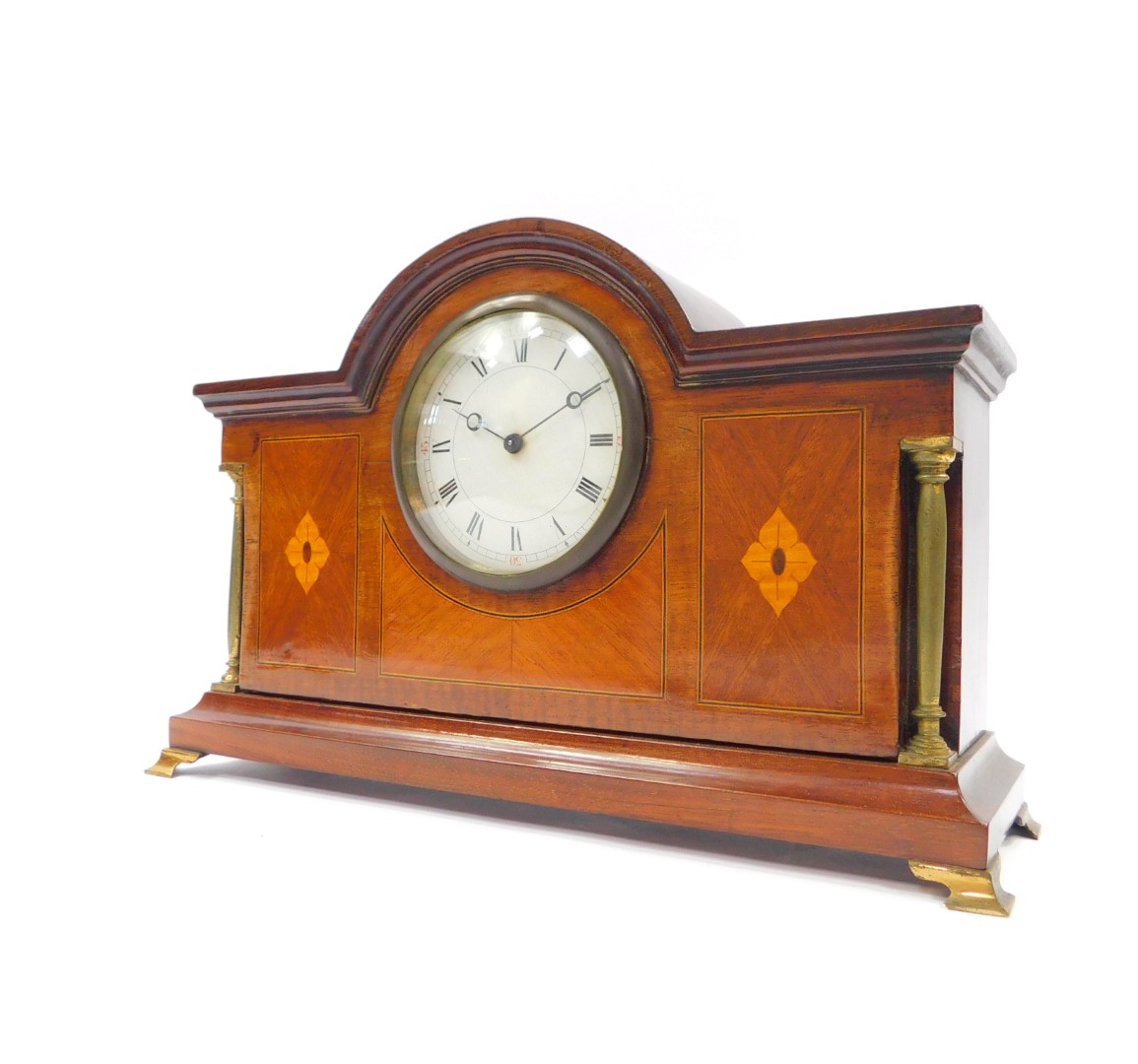 An Edwardian mahogany and inlaid mantel clock, circular dial bearing Roman numerals, clockwork - Image 2 of 4