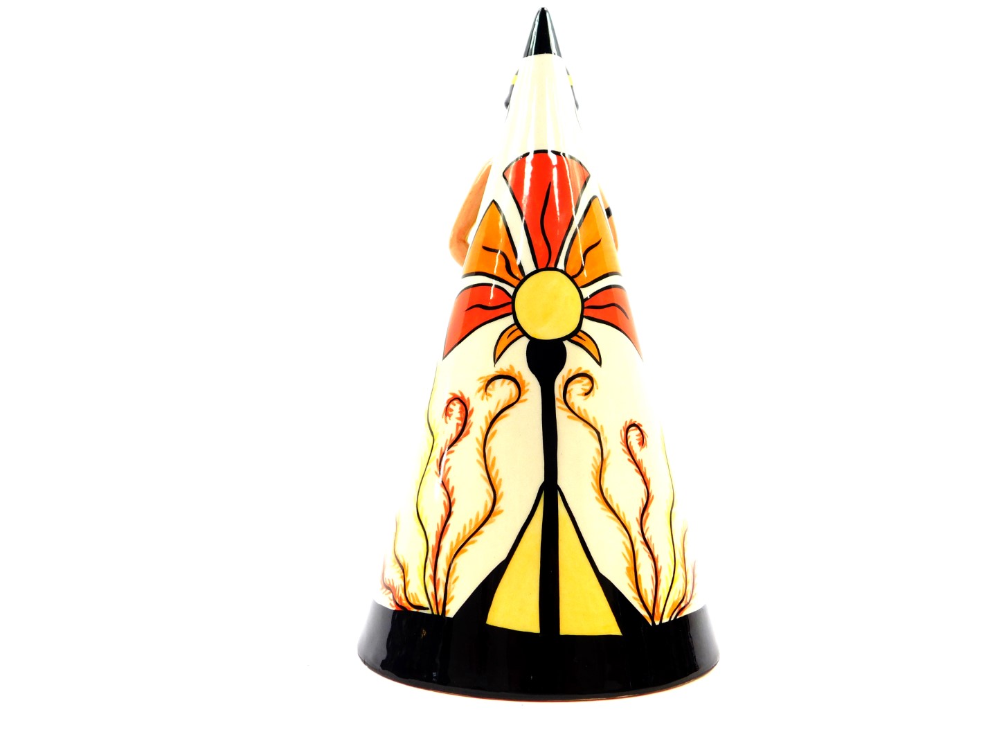 A Lorna Bailey pottery conical sugar sifter, fronted by an Art Deco lady, painted with geometric - Image 3 of 4