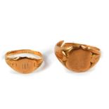 A gentleman's 9ct rose gold signet ring, shield shaped, cut, and a lady's 9ct rose gold signet ring,