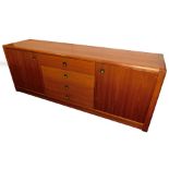 A d-SCAN teak sideboard, with four central drawers enclosed by single cupboards, having brass