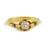An 18ct gold and diamond three stone ring, set with rose cut diamonds, approx 0.4cts, size P, 2.5g.