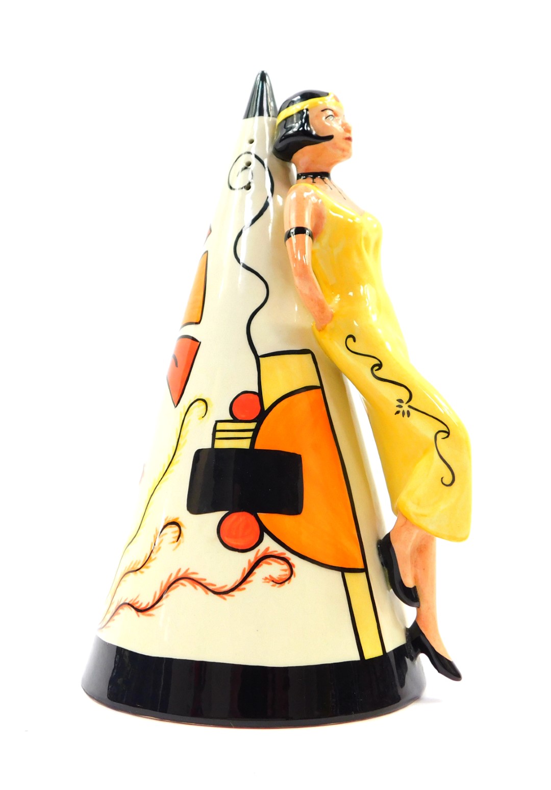 A Lorna Bailey pottery conical sugar sifter, fronted by an Art Deco lady, painted with geometric - Image 2 of 4