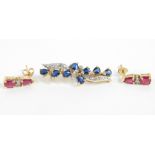 A sapphire and diamond floral spray brooch, set in yellow metal, stamped 9ct, 2.3g., together with a
