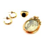 A pair of 9ct gold hoop earrings, 9ct and black onyx signet ring, size M, and an Edwardian 9ct