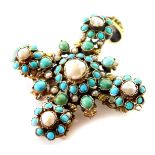 A Continental turquoise blister pearl pendant cross, set in yellow and white metal with a yellow