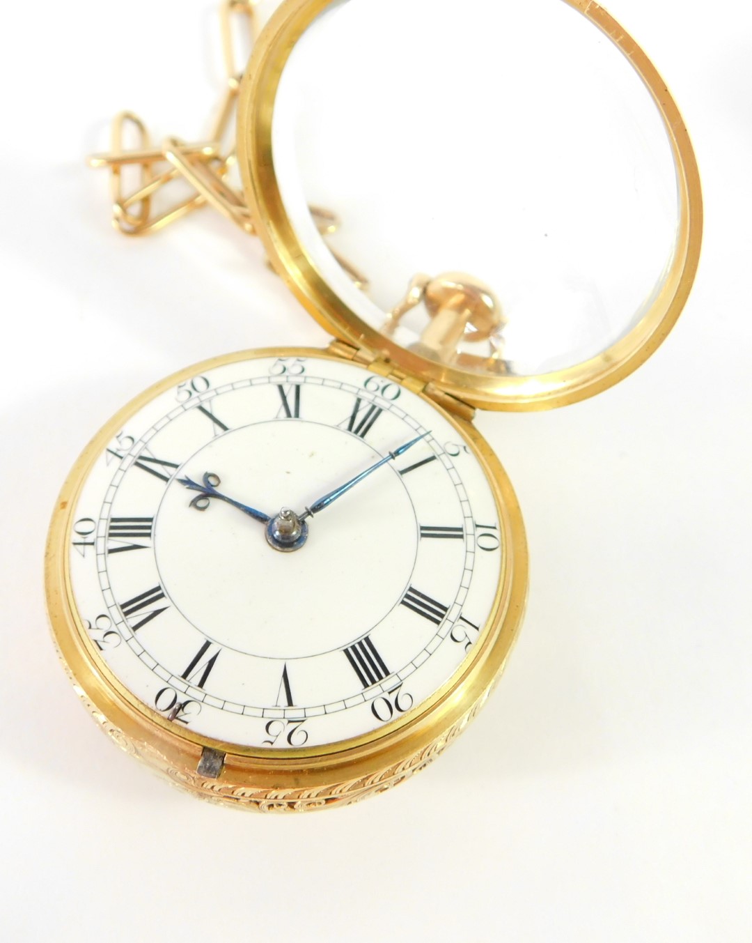 A George III gold pair cased pocket watch, open faced, key wind, white enamel dial bearing Roman and - Image 4 of 4