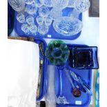 Cut and pressed glass, including decanters, vases, and drinking glasses, green carnival glass