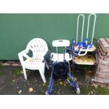 Mobility aides, together with two plastic garden chairs, etc. (10)