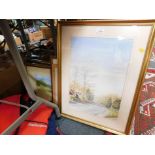 Assorted watercolours, oil painting and pastels, including a street scene by M R Porter. (a
