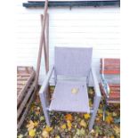 A pair of grey metal and canvas garden chairs, together with three garden hand tools. (5)