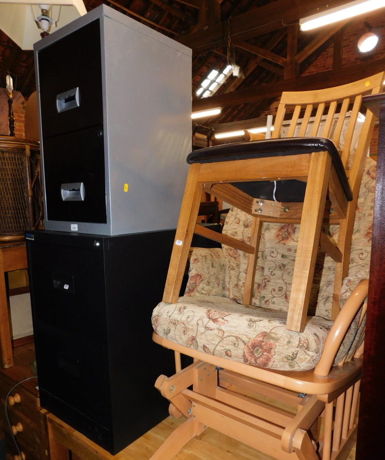 Two steel filing cabinets, a rocking chair and an oak dining chair. (4)