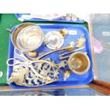 A brass iron trivet, coffee spoons, nut crackers, plated trophy, etc. (1 tray)