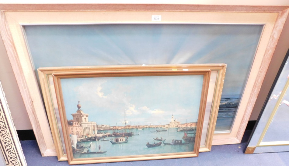 After Canneletto. St Marco from the Giudecca, print., together with two prints of seascapes. (3)
