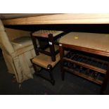 A Victorian bedroom chair, two rush seated stools, and a mahogany piano stool. (4)