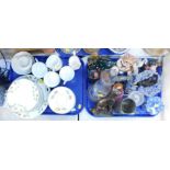 A Continental porcelain tea service, cat ornaments, cut glass ware, an oil lamp, etc. (2 trays)