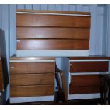 A white melamine and teak chest, of three wide drawers, with circular swing mirror, together with