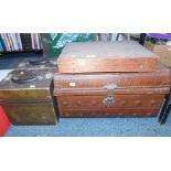 A tin trunk, Milton Bradley Big Ben wooden jigsaw puzzle, and two cases of records.