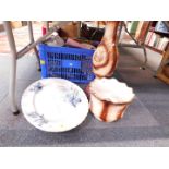 A late 19thC blue and white tree and well meat platter, pottery jardiniere on stand, and Colclough