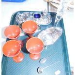 A Royal Brierley cut glass candle holder, four laquer Saki cups, a silver preserve spoon, further