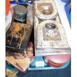 Japanese lacquer boxes and trays, a Chinese lacquer box and cover, and a Victorian faux burr wood