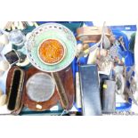 A Maling lustre dish, oak hall mirror and brush set, drawing instrument, onyx box and ashtray,