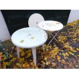 Two white painted folding garden tables, both 107cm high, 65cm wide, together with a plastic