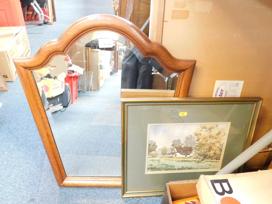 An oak wall mirror, watercolour of a castle, print of Fleet Street, and further pictures, etc. (a
