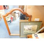 An oak wall mirror, watercolour of a castle, print of Fleet Street, and further pictures, etc. (a