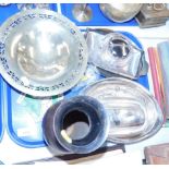 Plated and stainless steel wares, metal vase, and a Dutch Sports Club badge 1984. (1 tray)