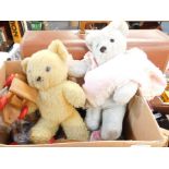 Two Vintage Teddy Bears, building bricks, pull-a-long toys, etc. (1 box)