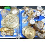 Brass ware, to include tins, vases, figures of storks, dishes, etc., plated candelabrum, and