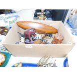 A brass cased carriage clock, plated toast rack, treen and other carvings, etc. (1 box)