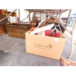 A wicker basket, magazine rack, travel bags, ceramics, glass ware, etc. (1 box plus)