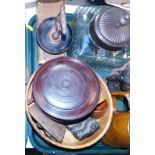 Treen and metal ware, including an enamel chamber stick, Indian copper cream jug, mirrored stand,