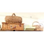 A picnic hamper, together with three wicker baskets and a green painted wooden trug.