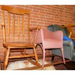 A beech rocking chair, together with a pink tub chair. (2)