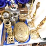 Brass ware to include a beetle nut box, baluster jug, candlesticks converted to table lamps, etc. (1