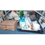 A picnic set, Wedgwood Jasperware, plated wares, cut glass and ceramics, marble fruit in a bowl,