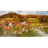 F G Sheppard (20thC). The Belvoir Hunt, showing huntsman, horses and hounds, with the castle in the