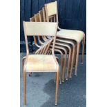 A set of six bent metal patio chairs, each with shaped wooden backs and seats, 74cm high.