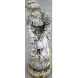 A late 20thC stone classical statue, formed as a lady in flowing robes, holding bird, on stepped bas