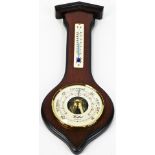 Woodford. A mahogany cased wall barometer and thermometer, in shaped case with 9cm diameter dial, 38