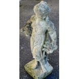A late 20thC garden statue, of a girl holding a bouquet and basket of flowers, on a plain square bas