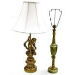 A late 20thC gilt metal table lamp, with cherub and leaf stem, on an inverted circular base, with ac