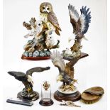Various bird ornaments, owl ornaments, birds of prey pottery figures with wings out stretched, 32cm