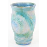 A Bourne Denby Studio pattern vase, moulded with flowers in turquoise and blue, on circular foot, pr
